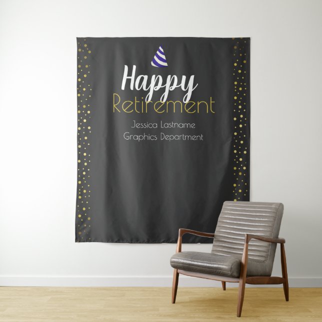 Happy Retirement Faux Gold Confetti Tapestry (In Situ)