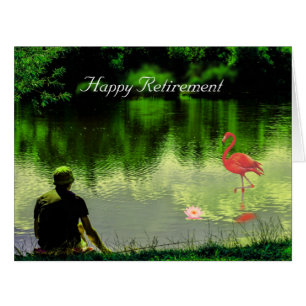 Happy Retirement Flamingo & Man Fishing on Lake