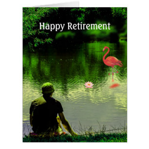 Happy Retirement Flamingo & Man Fishing on Lake Cards