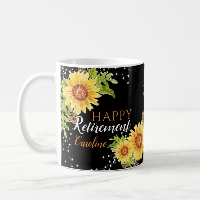 Happy Retirement Floral Personalized Black Mug (Left)
