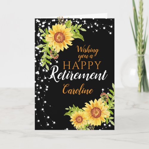 Happy Retirement Floral Sunflower Black Card
