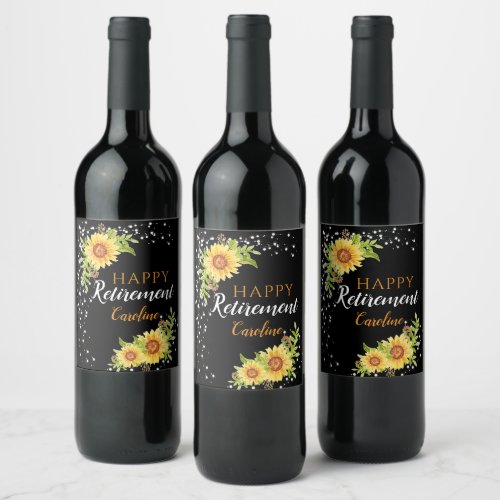 Happy Retirement Floral Sunflower Black  Wine Label