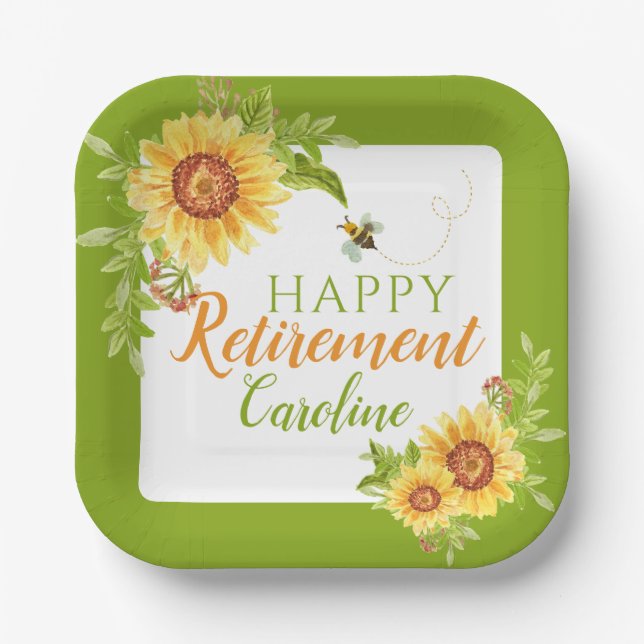 Happy Retirement Floral Sunflower  Paper Plates (Front)