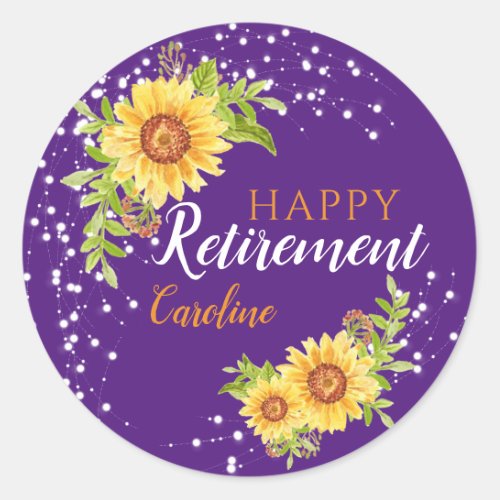 Happy Retirement Floral Sunflower Purple Classic Round Sticker