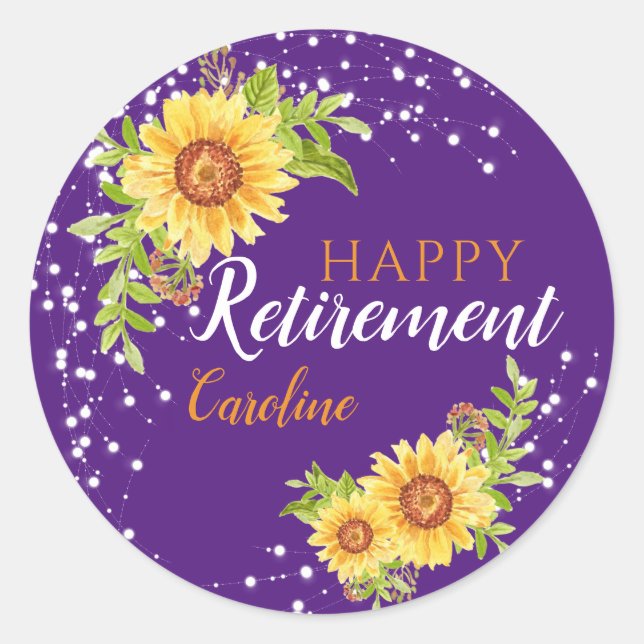 Happy Retirement Floral Sunflower Purple Classic Round Sticker (Front)
