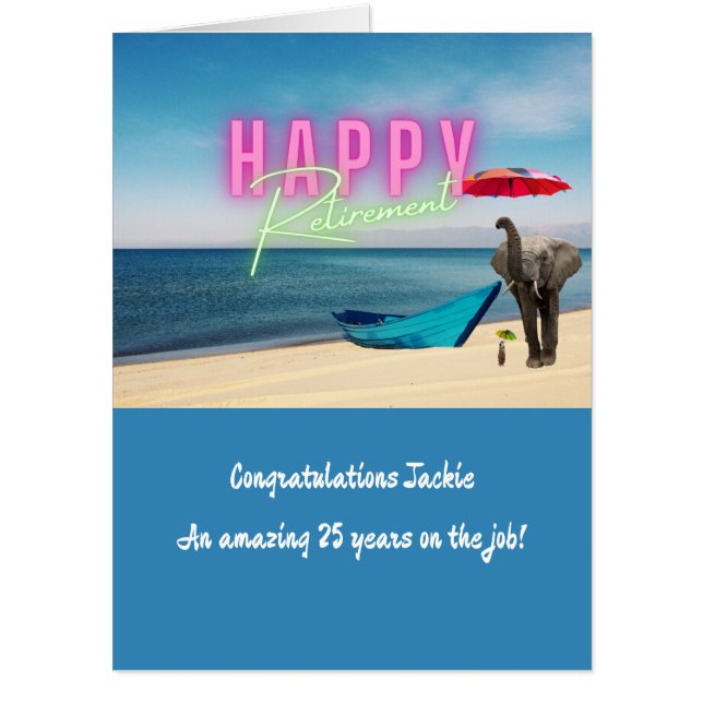 Happy Retirement Funny Surreal Beach Scene BIG Card (Front)