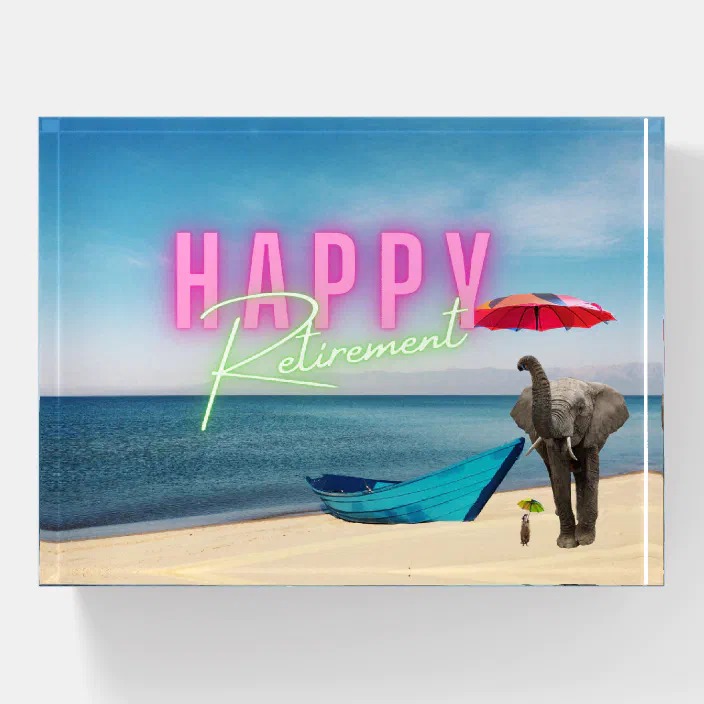 Happy Retirement Funny Surreal Beach Scene Paperweight Zazzle Com Happy Retirement Funny Surreal Beach Scene Paperweight Zazzle Com