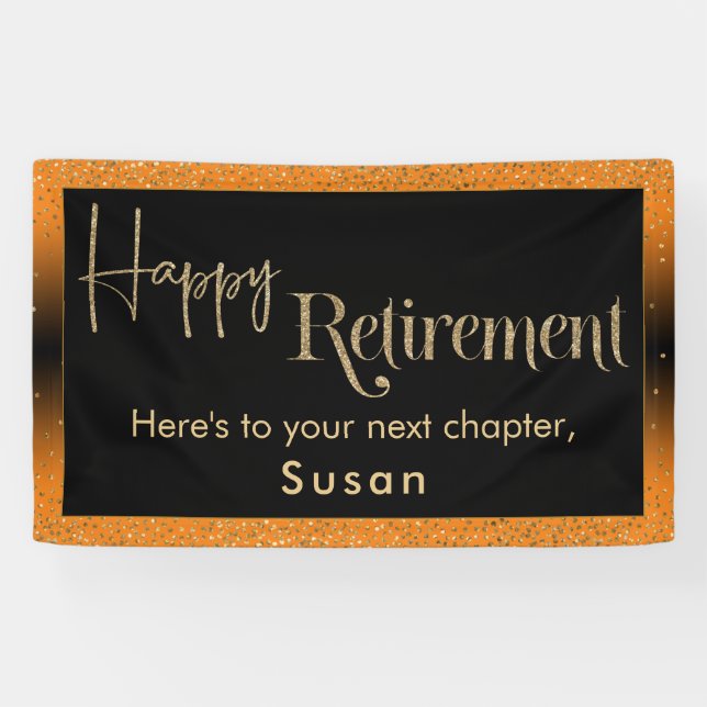 Happy Retirement Gold Confetti, Bright Orange Banner (Horizontal)