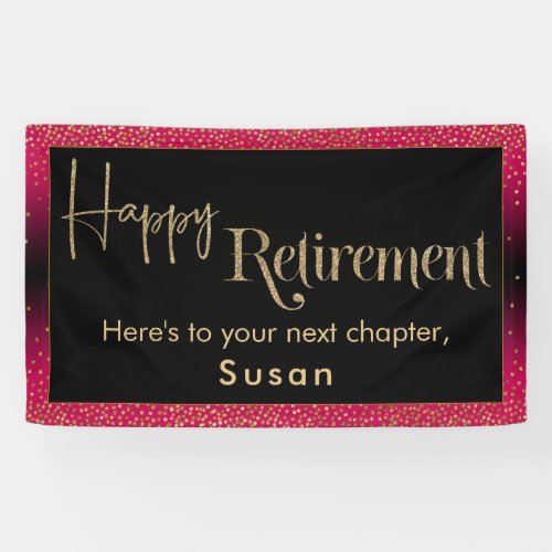 Happy Retirement Gold Glitter Confetti Raspberry Banner