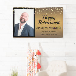 Happy Retirement Gold with Confetti One Photo Banner | Zazzle