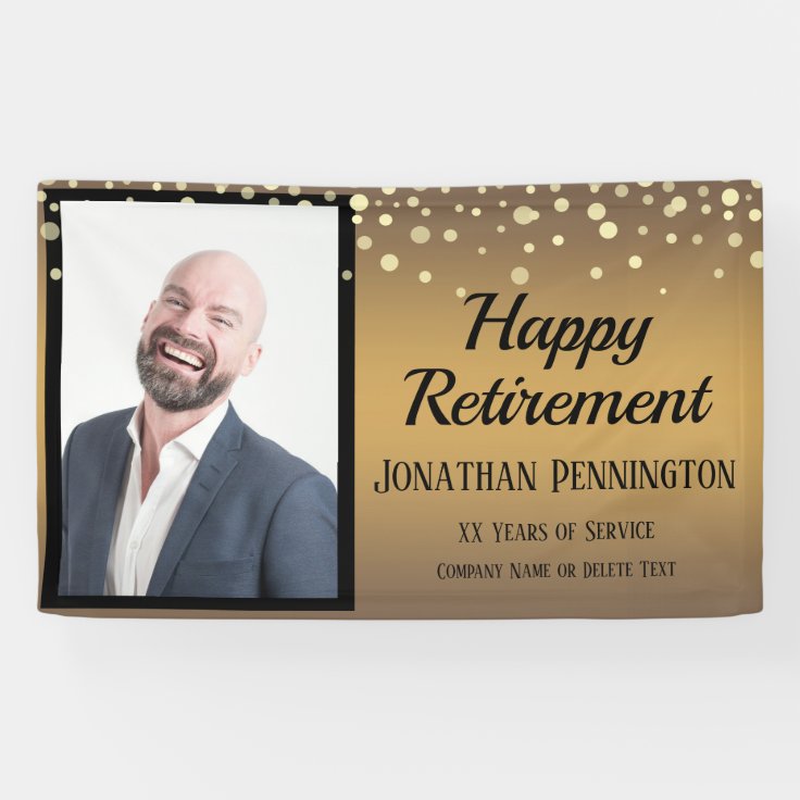 Happy Retirement Gold with Confetti One Photo Banner | Zazzle