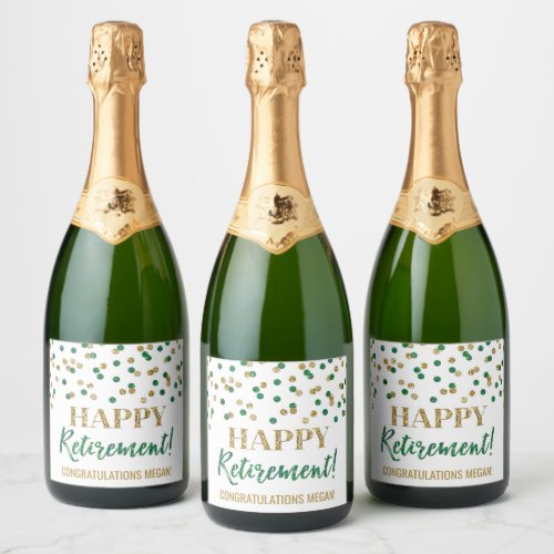 Happy Retirement Green Gold Confetti Sparkling Wine Label