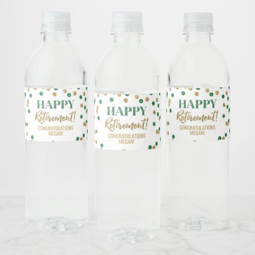 Happy Retirement Green Gold Confetti Water Bottle Label