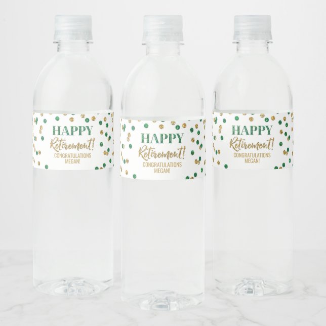 Happy Retirement Green Gold Confetti Water Bottle Label (Bottles)