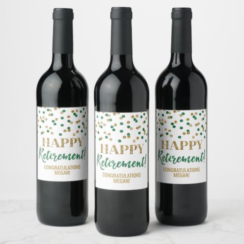 Happy Retirement Green Gold Confetti Wine Label