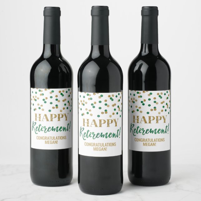 Happy Retirement Green Gold Confetti Wine Label (Bottles)