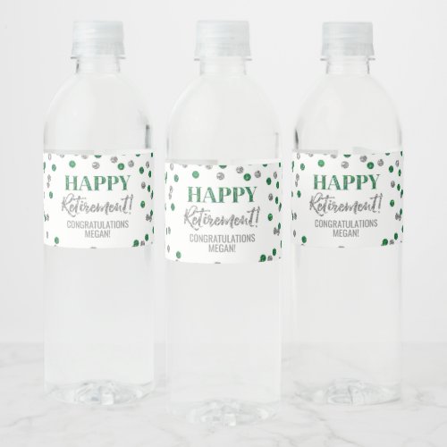 Happy Retirement Green Silver Confetti Water Bottle Label