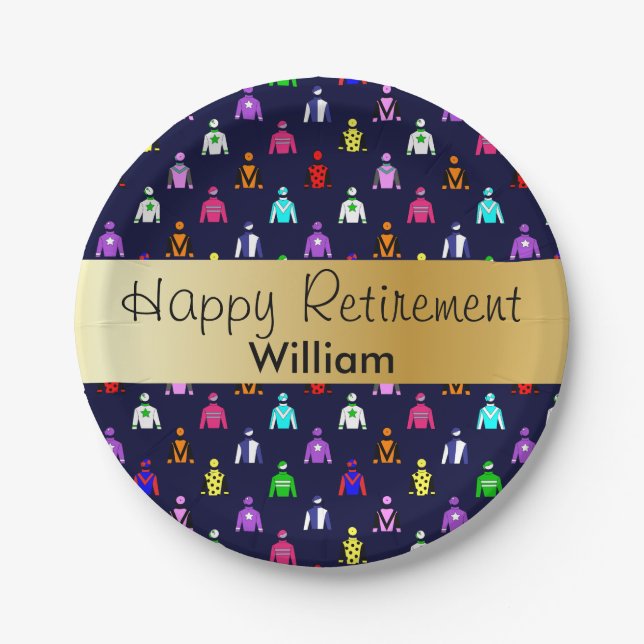 Happy Retirement Horse Racing Jockey Silks Paper Plates (Front)