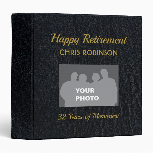 Happy Retirement Memories Faux Black Leather  3 Ring Binder (Front/Spine)