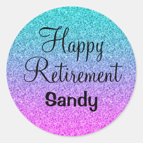 Happy Retirement Ombre Pink Blue Purple Glitter Classic Round Sticker