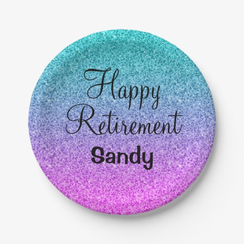 Happy Retirement Ombre Pink Blue Purple Glitter Paper Plates