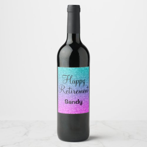 Happy Retirement Ombre Pink Blue Purple Glitter Wine Label