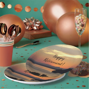 Happy Retirement Orange Seascape Sunset Paper Plates