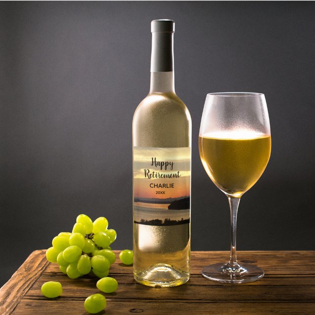 Happy Retirement Orange Sunset with Name Wine Label (In Situ Glass of Wine)