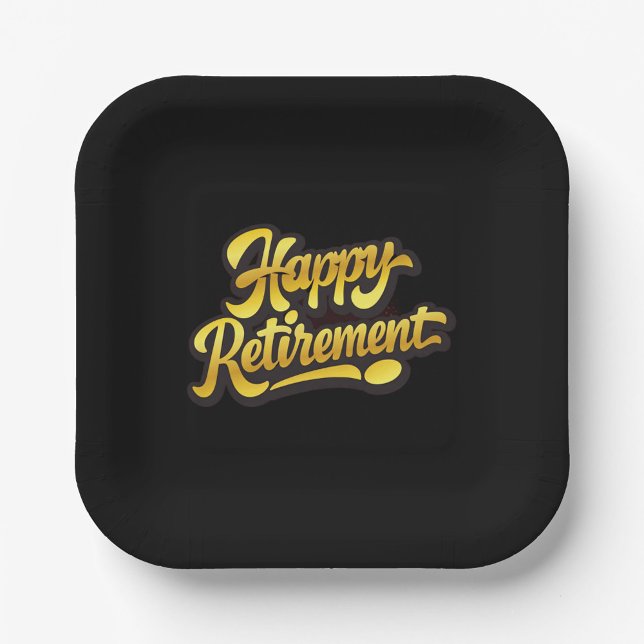 Happy Retirement Paper Plate (Black square plate with rounded edges, featuring elegant gold "Happy Retirement"!)