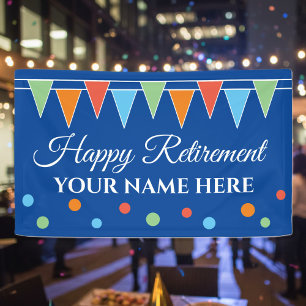 Happy retirement party banner with colorful flags