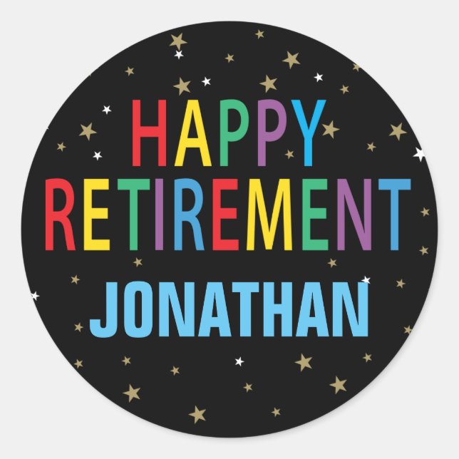Happy Retirement Party colorful with name Classic Round Sticker (Front)
