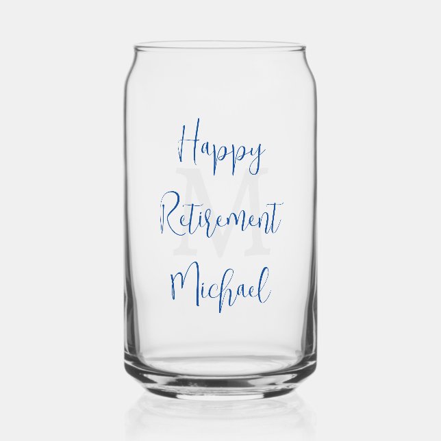 Happy Retirement Party Gray Monogram Blue Name Can Glass (Front)