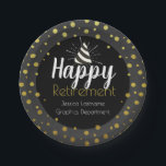 Happy Retirement Party Personalized Gold Confetti Paper Plates<br><div class="desc">Fun and elegant personalized Happy Retirement party custom template. All Text is unlocked and adjustable. Just use the customize it template options. Matches with other retirement party items in my shop. Faux foil confetti.</div>