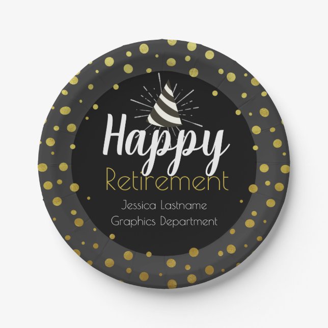 Happy Retirement Party Personalized Gold Confetti Paper Plates (Front)