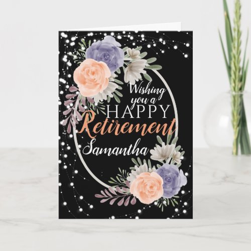 Happy Retirement Peony Rose Floral Black Card