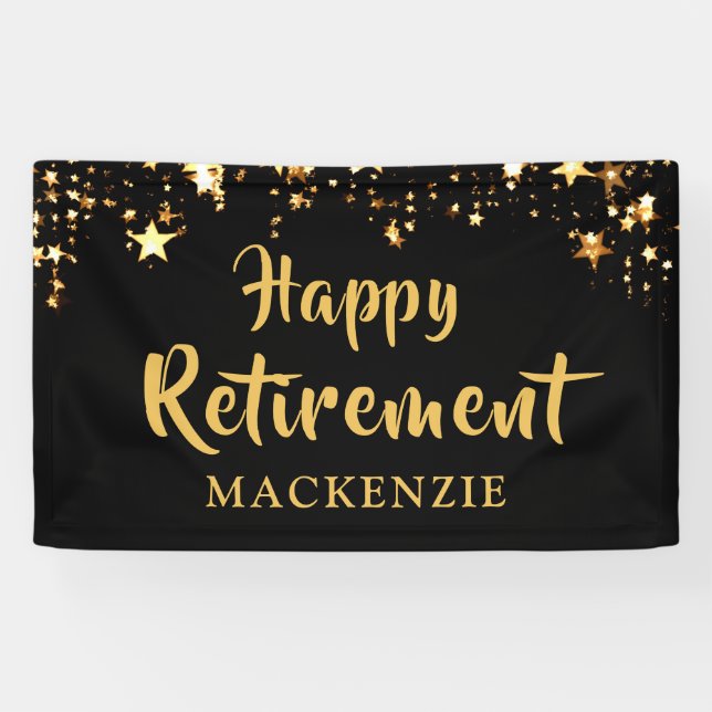 HAPPY RETIREMENT Personalized Black and Gold Stars Banner (Horizontal)