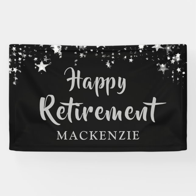 HAPPY RETIREMENT Personalized Black Silver Stars Banner (Horizontal)