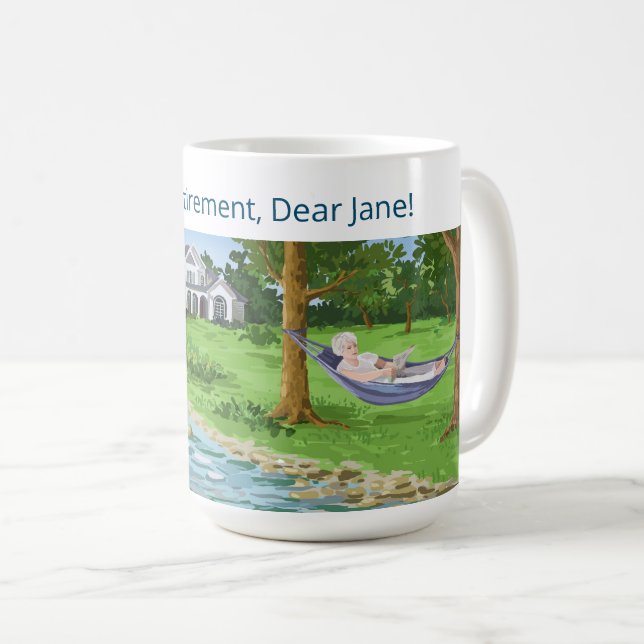 Happy Retirement Personalized Name Lady in Hammock Coffee Mug (Front Right)