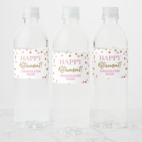 Happy Retirement Pink Gold Confetti Water Bottle Label