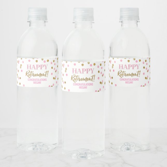 Happy Retirement Pink Gold Confetti Water Bottle Label (Bottles)