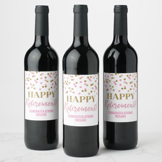 Happy Retirement Pink Gold Confetti Wine Label (Bottles)