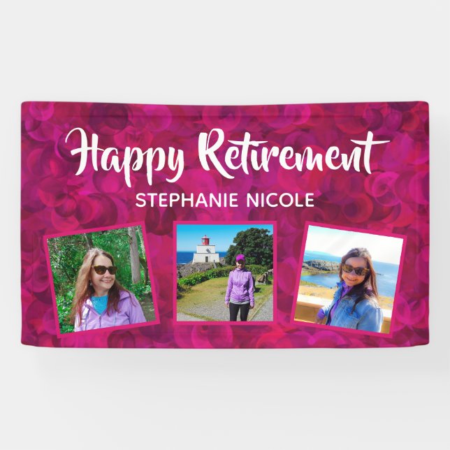 Happy Retirement Pink Name Multiple Photos Banner (Horizontal)