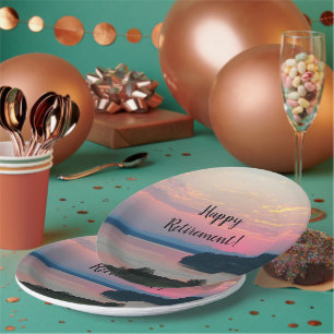 Happy Retirement Pink Seascape Sunset Paper Plates