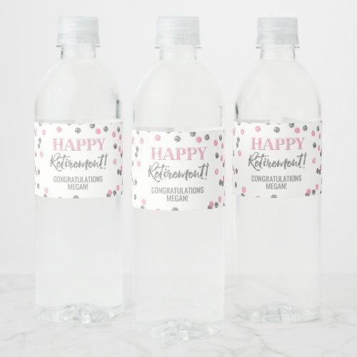 Happy Retirement Pink Silver Confetti Water Bottle Label