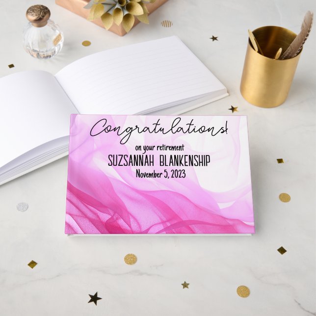 Happy Retirement Pink White Watercolor Custom Guest Book (Front Open)