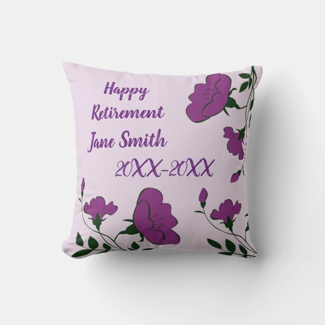 Happy Retirement Purple Floral Pattern Employee Throw Pillow (Front)