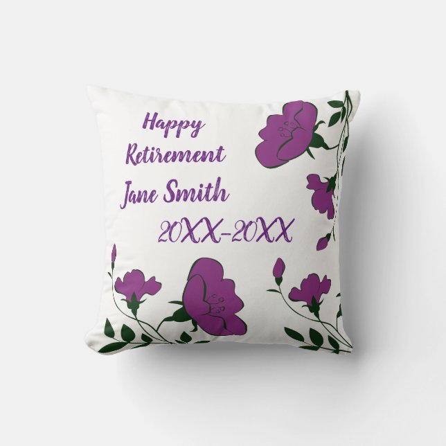 Happy Retirement Purple Floral Pattern Employee Throw Pillow (Front)