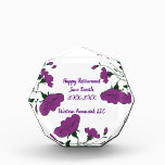 Happy Retirement Purple Flowers Employee Keepsake Acrylic Award<br><div class="desc">Commemorate your employee's retirement with this unique keepsake of their years of dedicated service to your company. This beautiful workplace award features bright purple flowers that wind and curve their way along the memento. The bright purple of the flowers is complimented by the dark green leaves and stems. "Happy Retirement"...</div>