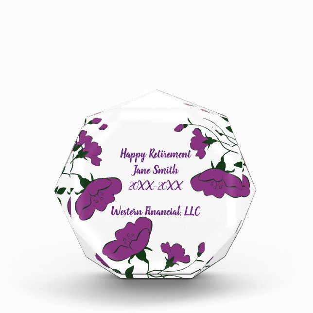 Happy Retirement Purple Flowers Employee Keepsake Acrylic Award (Front)