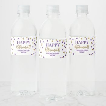 Happy Retirement Purple Gold Confetti Water Bottle Label by DreamingMindCards at Zazzle